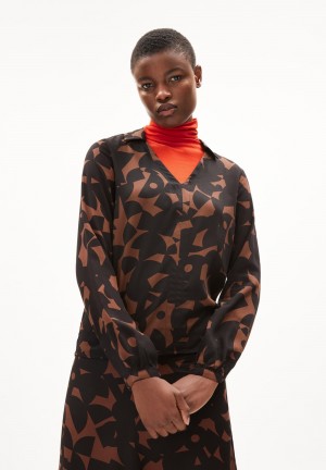 ARMEDANGELS MIUNAA ABSTRACT A Blouse Regular Fit made of LENZING™ ECOVERO™ Viscose Tmavě Hnědé | GBUQL3804